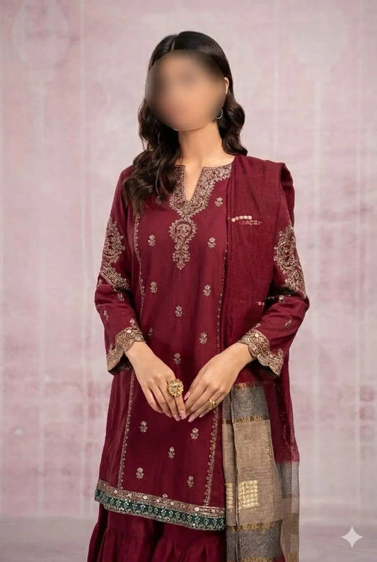 Maroon Embroidered 3-Piece Lawn Suit for Eid Wedding