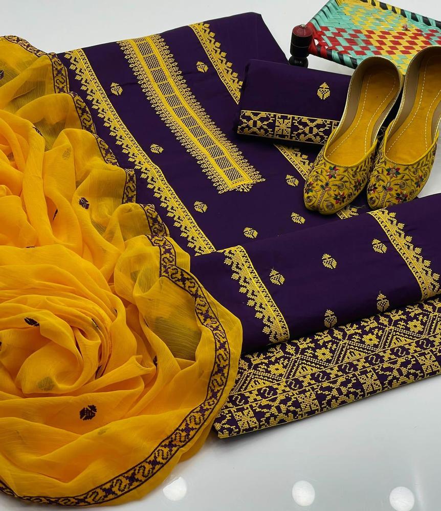 Unstitched Cotton Suit Purple Yellow Embroidered for Women