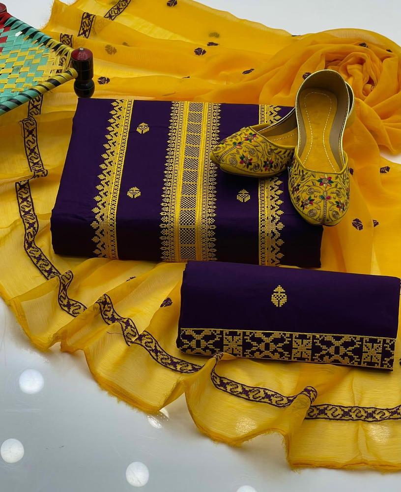 Unstitched Cotton Suit Purple Yellow Embroidered for Women