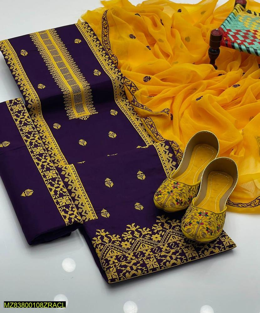 Unstitched Cotton Suit Purple Yellow Embroidered for Women