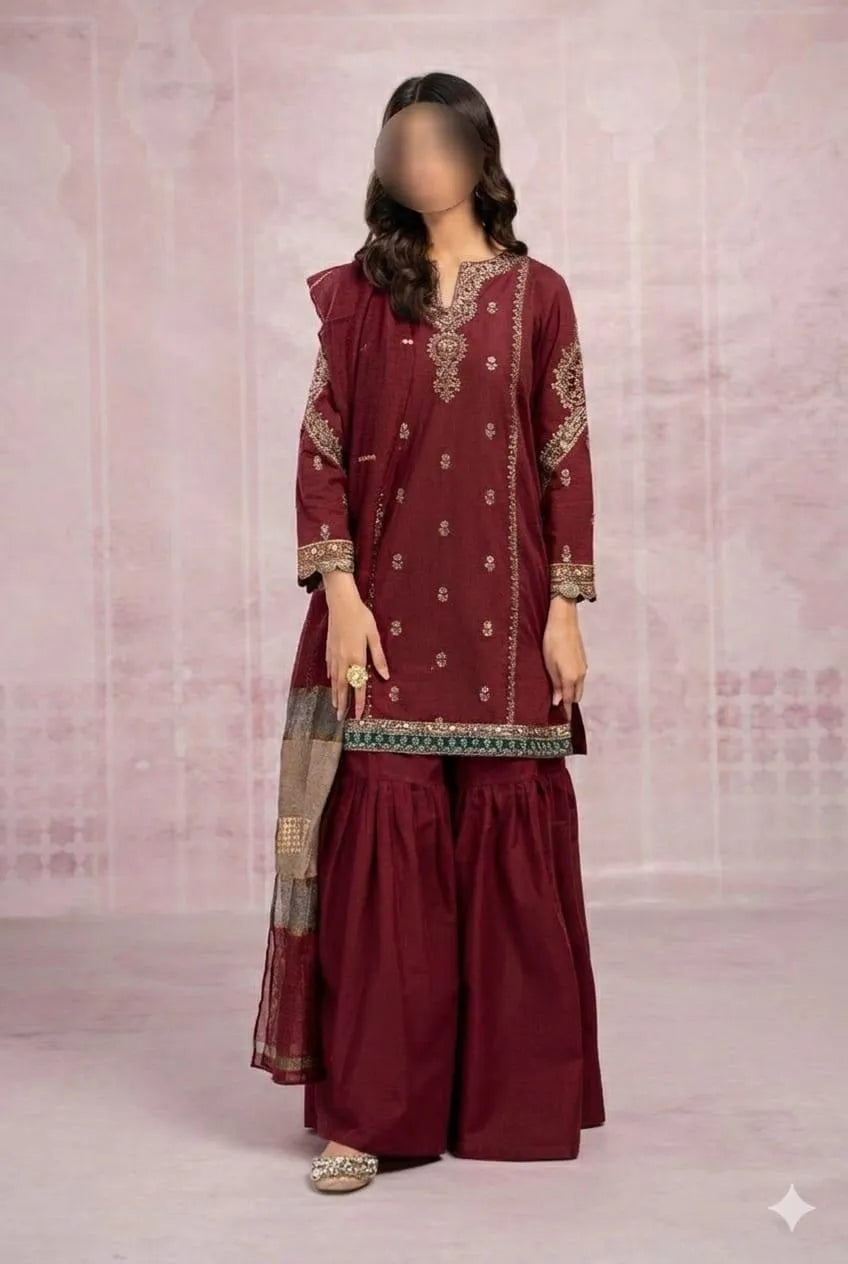 Maroon Embroidered 3-Piece Lawn Suit for Eid Wedding