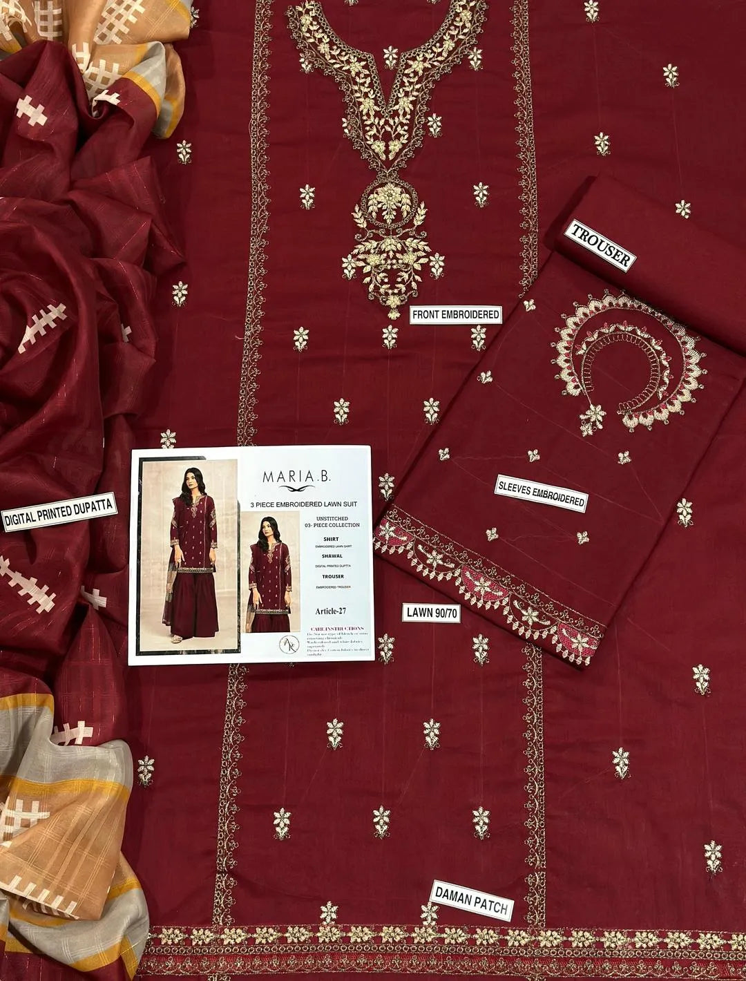 Maroon Embroidered 3-Piece Lawn Suit for Eid Wedding