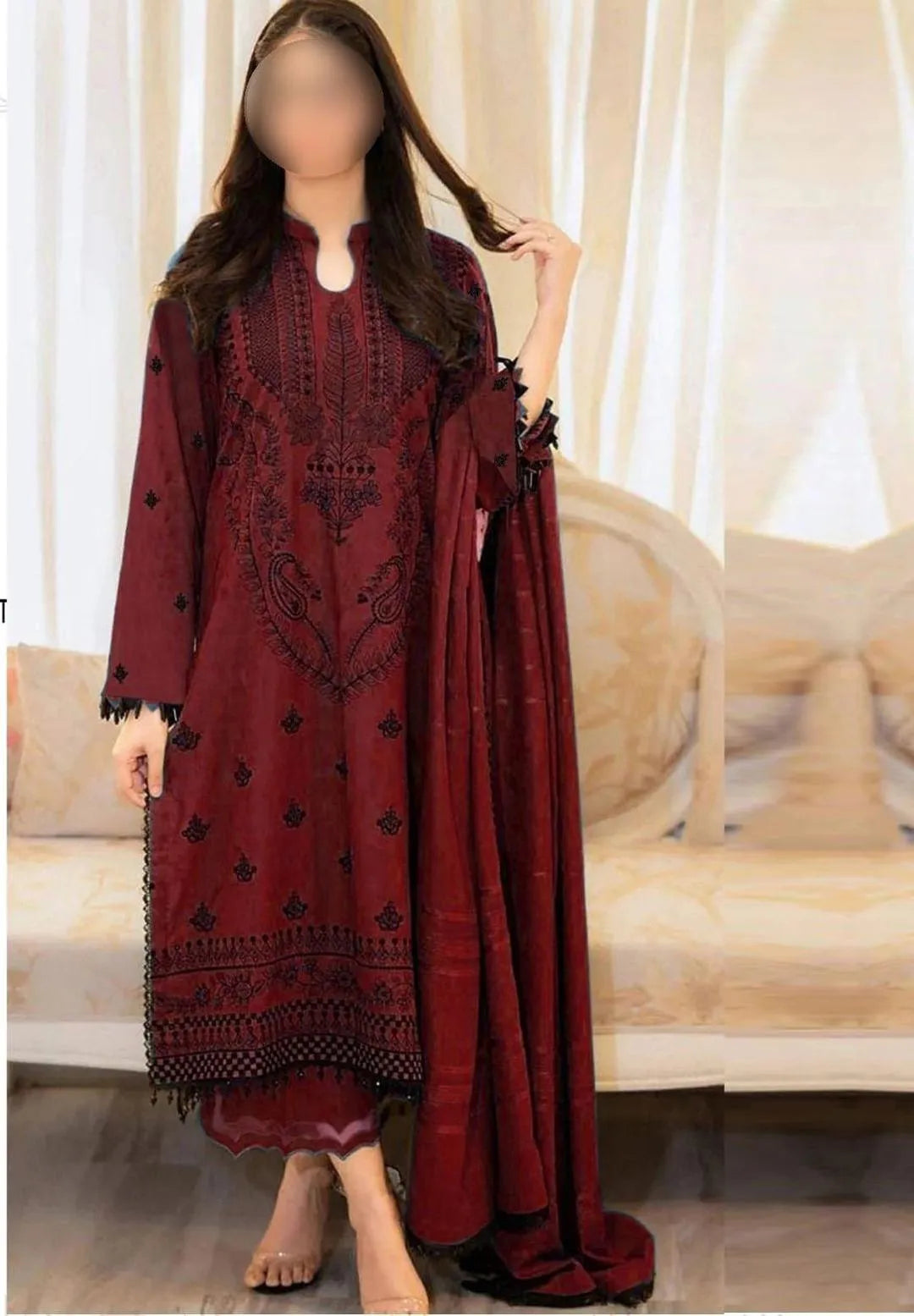 Maroon Embroidered 3-Piece Lawn Suit for Eid Weddings