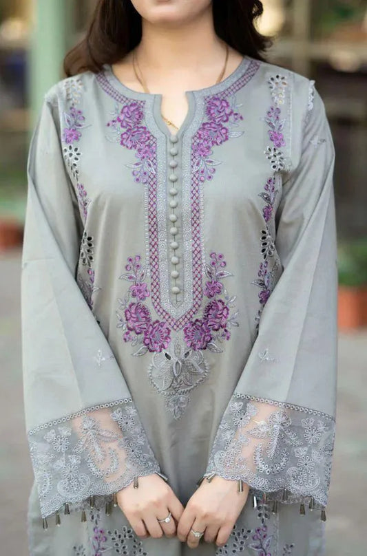 Grey Embroidered 3Pcs Lawn Suit with Chikenkari Dupatta
